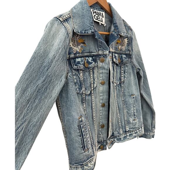 PAM & GELA Statement Denim Embroidered Jacket with‎ Rhinestone Eagles Size Small - Picture 6 of 12